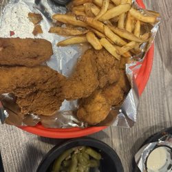 The Backwoods Bar And Grill - Chicken strips w fries and green beans