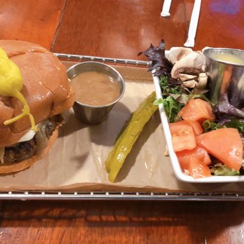 Hops Burger Bar - French onion burger with side salad - Burgers Near Me - Greensboro, North Carolina Hops Burger Bar - French onion burger with side salad - Burgers Near Me - Greensboro, North Carolina