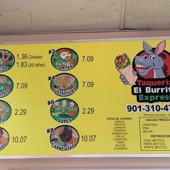 Taqueria El Burrito Express - Other half of menu with prices - Mexican Near Me - Memphis, Tennessee Taqueria El Burrito Express - Other half of menu with prices - Mexican Near Me - Memphis, Tennessee