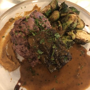 River and Woods - Slow Braised Short Rib w smoked cherry goat cheese smashed potatoes and substituted brussel sprouts in place of asparagus - New American Near Me - Boulder, Colorado