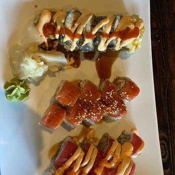 Wasabi Sushi - Starting on the left these rolls are: - tempura Volcano - New York Roll - playboy roll - Japanese Near Me - Draper, Utah Wasabi Sushi - Starting on the left these rolls are: - tempura Volcano - New York Roll - playboy roll - Japanese Near Me - Draper, Utah