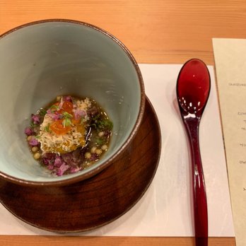 STEM Japanese Eatery - F/W Omakaze 1- Sakizuke - Eggplant, Wagyu, Uni, Ikura, Shiso Flower, Bubu Arare - Japanese Near Me - Burnaby, British Columbia