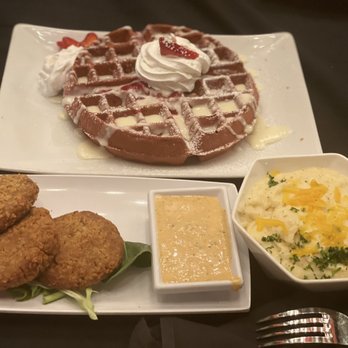 Aye Tea Elle Elevated Tapas - Red velvet waffle, cheese grits, and salmon croquettes - New American Near Me - College Park, Georgia