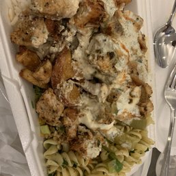 Chicken souvlaki with rice, home fries, pasta salad and bean salad. SOOOOO good and such a huge portion for small!!