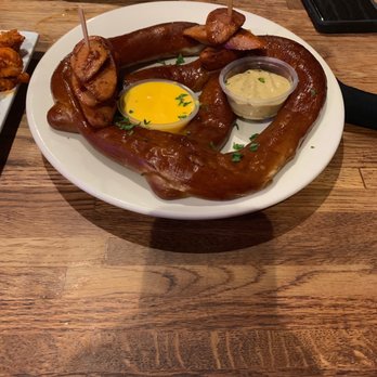 Copper Still Grill - Pretzel with bratwurst - New American Near Me - Monrovia, California Copper Still Grill - Pretzel with bratwurst - New American Near Me - Monrovia, California