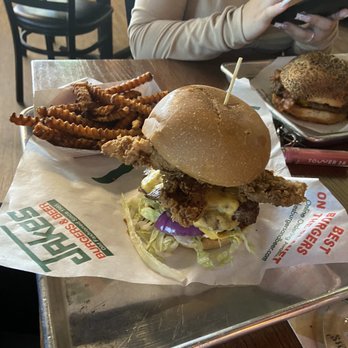 Jakes - Sweet potato fries & burger with bacon dipped in batter - Bars Near Me - Mansfield, Texas