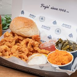 Anna's Fish Market DTLA - Our shrimp basket with yams and collard greens