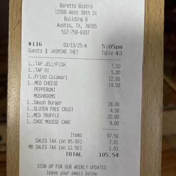 Baretto Bistro - Bill for 3 - Italian Near Me - Austin, Texas