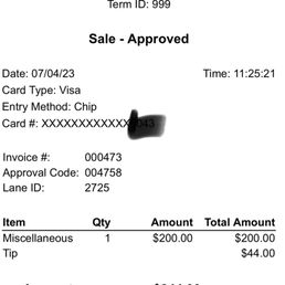 My receipt (with the CC last digits blocked out), showing that I was charged $200 (and, even so, still tipped) My receipt (with the CC last digits blocked out), showing that I was charged $200 (and, even so, still tipped)