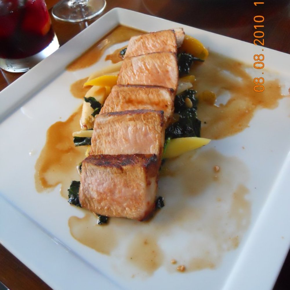 The Bridge - Pork Loin raisens, baby carrots, natural sauce, kale & pine nuts - New American Near Me - Los Angeles, California The Bridge - Pork Loin raisens, baby carrots, natural sauce, kale & pine nuts - New American Near Me - Los Angeles, California