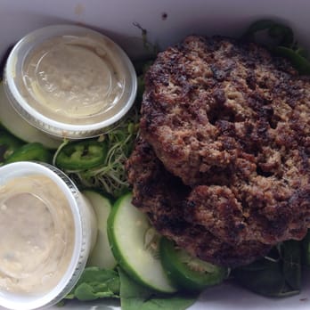 The Counter - 2/3lb burger, no bun, with mixed greens, cucumber, jalapeños and sprouts, garlic aioli - Burgers Near Me - Honolulu, Hawaii