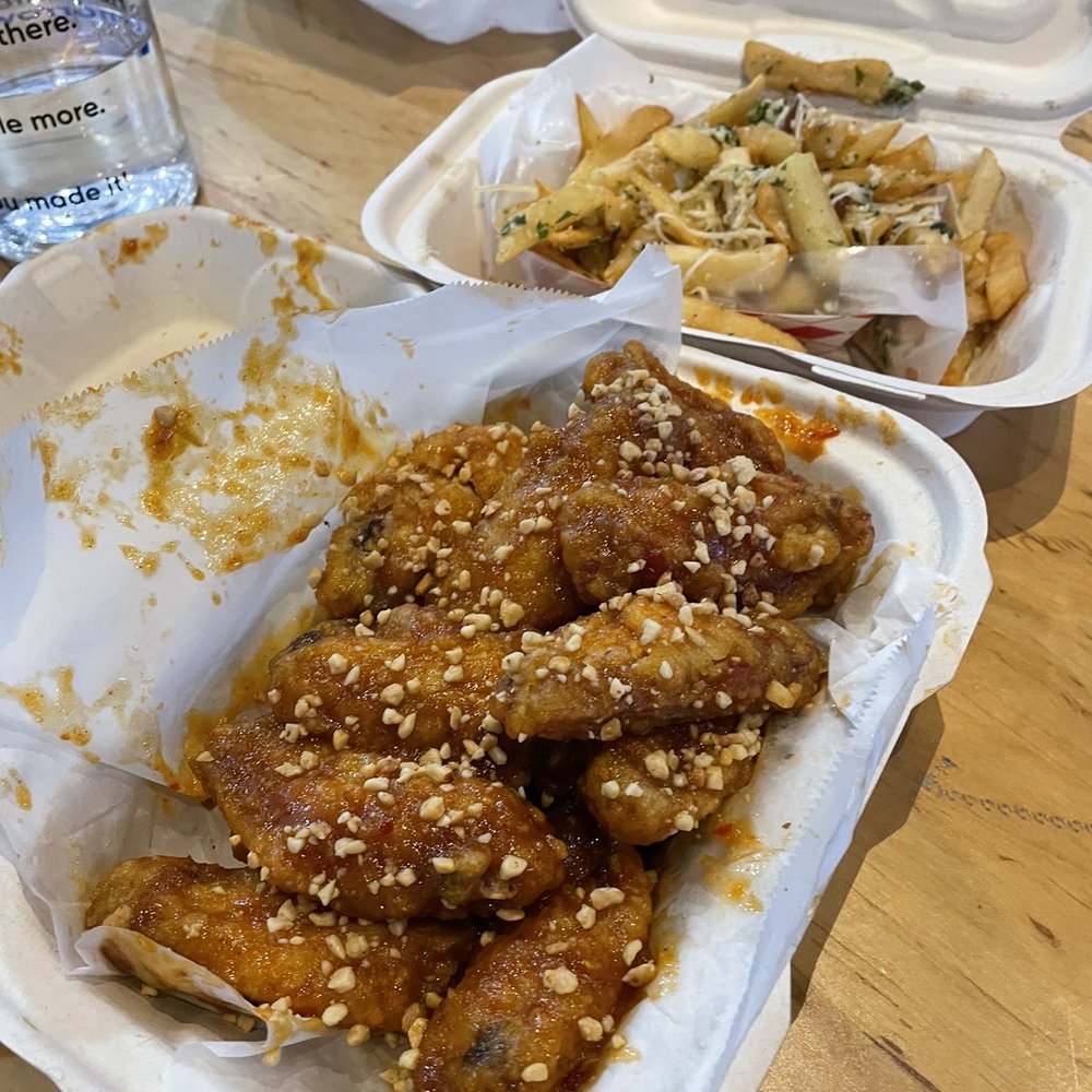 Fire Wings - Peanut Butter (x14!) and Garlic Fries ($~5) - pretty good! Which it was more garlicky/peanut buttery - Chicken Wings Near Me - Chatsworth, California Fire Wings - Peanut Butter (x14!) and Garlic Fries ($~5) - pretty good! Which it was more garlicky/peanut buttery - Chicken Wings Near Me - Chatsworth, California