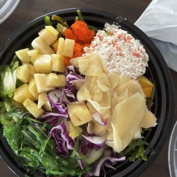 Omega Poke - Large poke bowl seaweed salad, ginger, imitation crab, salmon, tuna, scallops, ginger, masago, pineapple, spring mix base - Poke Near Me - Rancho Cucamonga, California Omega Poke - Large poke bowl seaweed salad, ginger, imitation crab, salmon, tuna, scallops, ginger, masago, pineapple, spring mix base - Poke Near Me - Rancho Cucamonga, California
