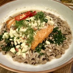 Pan roasted salmon with black eyed peas, tuscan kale, zucchini, roasted red pepper Pan roasted salmon with black eyed peas, tuscan kale, zucchini, roasted red pepper
