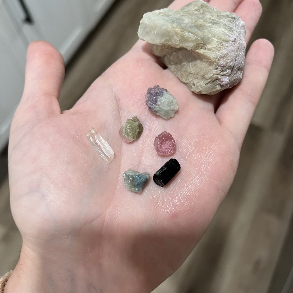 Oceanview Mine - Some of the gems/crystals I found. Black tourmaline, pink tourmaline, clear quartz, watermelon tourmaline and lepidolite - Tours Near Me - Pala, California