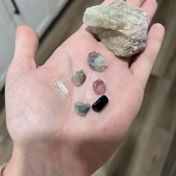 Oceanview Mine - Some of the gems/crystals I found. Black tourmaline, pink tourmaline, clear quartz, watermelon tourmaline and lepidolite - Tours Near Me - Pala, California