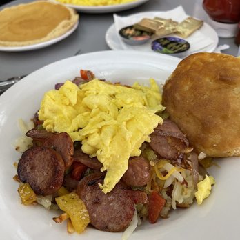 The Funky Brunch Cafe - Andouille sausage scramble with a biscuit. - Breakfast & Brunch Near Me - Savannah, Georgia