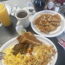 Waffle House - Sausage eggs scrambled with cheese and onions, waffle and hash browns