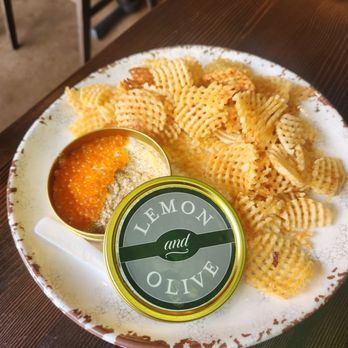 Lemon & Olive - "Chips and dip" aka airy and crispy waffle chips, plus trout crème fraîche and roe. - Tapas/Small Plates Near Me - Eugene, Oregon