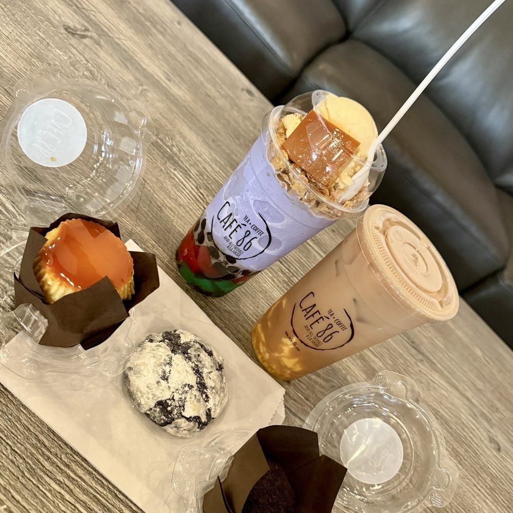 Cafe 86 - Upside down halo halo, milk tea with pudding, UBE crinkles, UBE truffle and UBE cupcake flan - Desserts Near Me - Tustin, California Cafe 86 - Upside down halo halo, milk tea with pudding, UBE crinkles, UBE truffle and UBE cupcake flan - Desserts Near Me - Tustin, California
