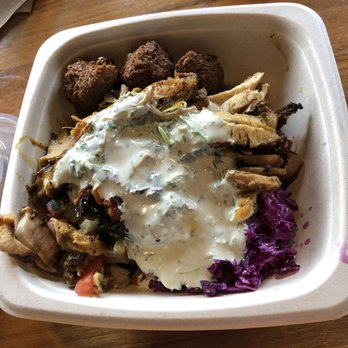 Gotta Eatta Pita - Half and Half Bowl (Falafel and Chicken Shawarma) with couscous, red cabbage, and tomato-cucumber relish - Mediterranean Near Me - Pleasanton, California