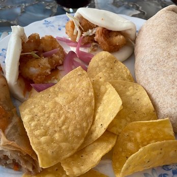 Barkadas - An aerial view of my plate with Shrimp Bao Buns, chips, and my Chicken Adobo Burrito! - Filipino Near Me - Charleston, West Virginia Barkadas - An aerial view of my plate with Shrimp Bao Buns, chips, and my Chicken Adobo Burrito! - Filipino Near Me - Charleston, West Virginia