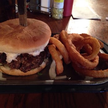 The Kingsman Restaurant - Blue cheese burger with onion rings - American Near Me - Cayce, South Carolina The Kingsman Restaurant - Blue cheese burger with onion rings - American Near Me - Cayce, South Carolina