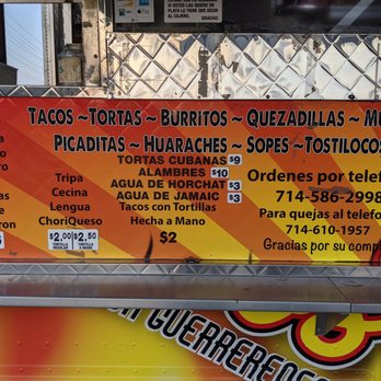 Cabañas Tacos - a menu on a food truck - Food Trucks Near Me - Santa Ana, California