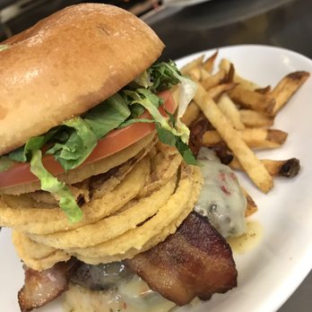 Burtons Grill & Bar - Their Maxxx Burger with bacon on top (everything is always better with bacon) and hand cut French fries - New American Near Me - Mount Pleasant, South Carolina