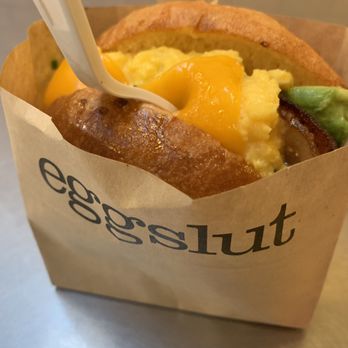 Eggslut - The fairfax with bacon & avo (YUM, but expensive.. about $12) - Breakfast & Brunch Near Me - Los Angeles, California Eggslut - The fairfax with bacon & avo (YUM, but expensive.. about $12) - Breakfast & Brunch Near Me - Los Angeles, California