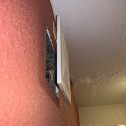 Peeling ceasing and bathroom fan falling out of the wall.
