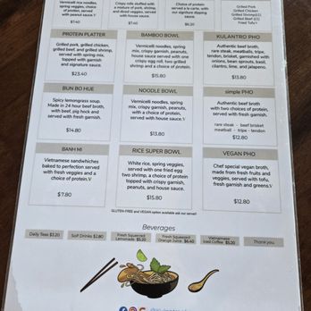 Bamboo by Kulantro - The menu from Bamboo by Kulantro offers Vietnamese cuisine such as pho, spring rolls, banh mi, and rice bowls. It features dishes like Bun Bo Hue, vegan pho, and protein options, with prices ranging from $7.80 to $23.40. The menu highlights fresh ingredients, diverse options including vegan and gluten-free choices, and includes beverages like fresh squeezed lemonade and Vietnamese iced coffee. The design is clean with a graphic of noodles and chopsticks at the bottom. - Vietnamese Near Me - Albuquerque, New Mexico