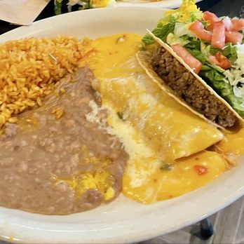 Villa Grande - 12. CRISPY TACO AND ENCHILADA Your Choice of One Enchilada and One Taco, Refried Beans and Rice - Mexican Near Me - Denton, Texas