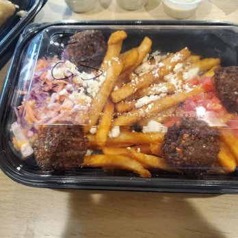 Santorinis  - West Bountiful - Falafel with fries, feta cheese, tomatoes with slaw - Greek Near Me - West Bountiful, Utah