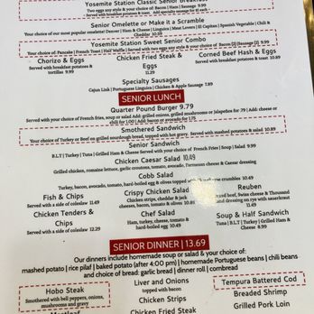 Yosemite Station - Senior menu for breakfast, lunch and dinner - Breakfast & Brunch Near Me - Merced, California Yosemite Station - Senior menu for breakfast, lunch and dinner - Breakfast & Brunch Near Me - Merced, California