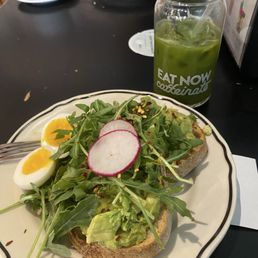 Avocado Toast with 6min egg (asked them to hold the cotija cheese due to lactose intolerance) and Matcha Americano