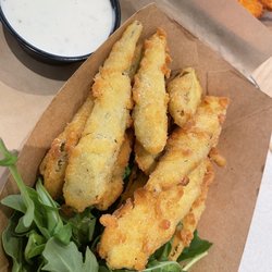 Community Burger - Fried Pickled okra with ranch. Yum