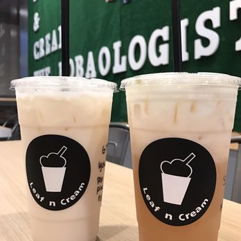 Leaf N Cream - Sea salt green tea (right), lychee/peppermint/pineapple green tea with lactose free milk - Bubble Tea Near Me - Tustin, California