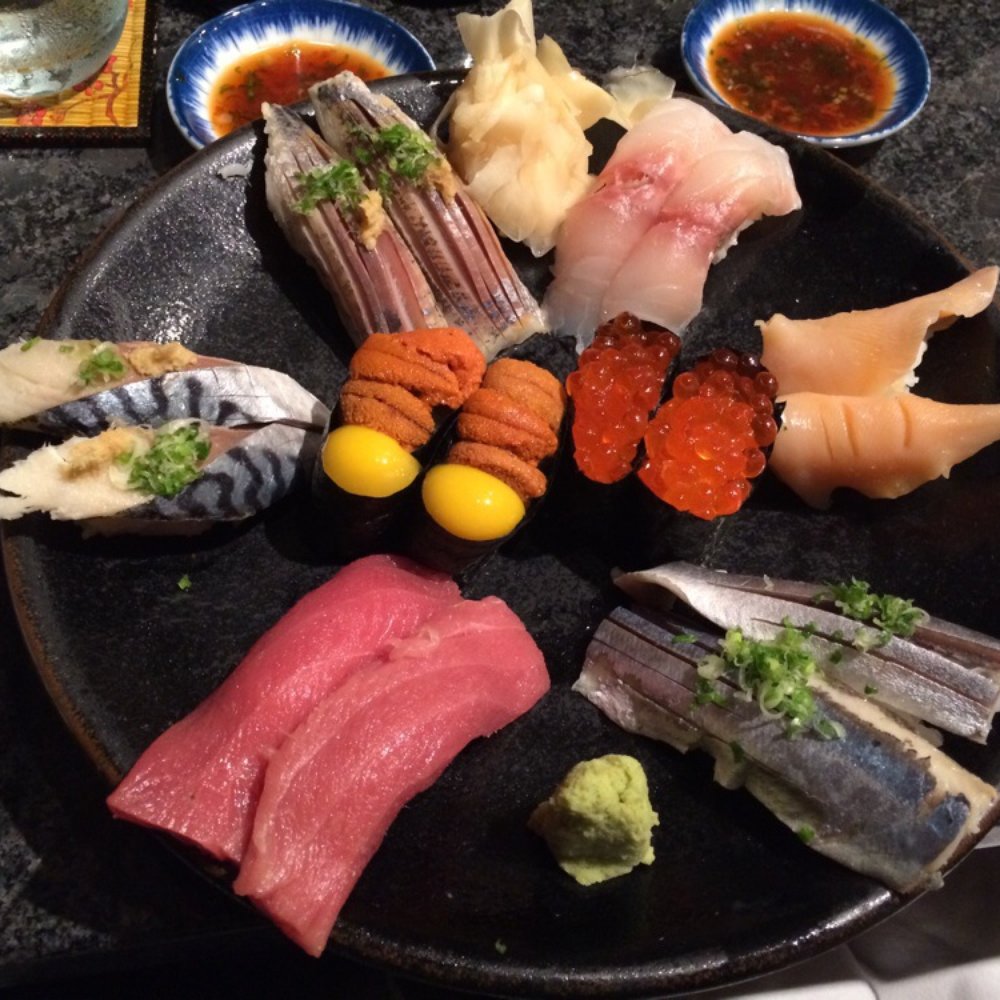 Sushi Makio - My favorite platter: saba, aji, dorado, clam, saury, toro, uni w/quail egg, ikura - Japanese Near Me - Kingston, New York Sushi Makio - My favorite platter: saba, aji, dorado, clam, saury, toro, uni w/quail egg, ikura - Japanese Near Me - Kingston, New York