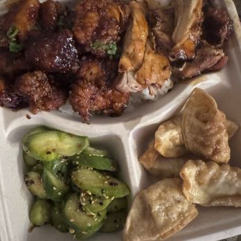 Grillbird - Build Your Own Plate w/ White Rice (1/2 Chicken Teriyaki + 1/2 Spicy Garlic Chicken) and sides of Cucumber Salad and Pork & Vegetable Gyoza - Salad Near Me - Seattle, Washington Grillbird - Build Your Own Plate w/ White Rice (1/2 Chicken Teriyaki + 1/2 Spicy Garlic Chicken) and sides of Cucumber Salad and Pork & Vegetable Gyoza - Salad Near Me - Seattle, Washington