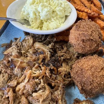 CJ's BBQ - Pulled pork plate, potato salad, sweet potato fries, hush puppies - Barbeque Near Me - Spruce Pine, North Carolina