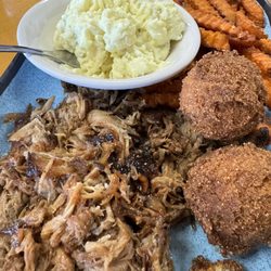 CJ's BBQ - Pulled pork plate, potato salad, sweet potato fries, hush puppies