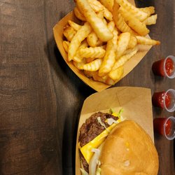 Jacomos Hunger Shack - Double cheese burger with crinkle cut fries. Delicious!