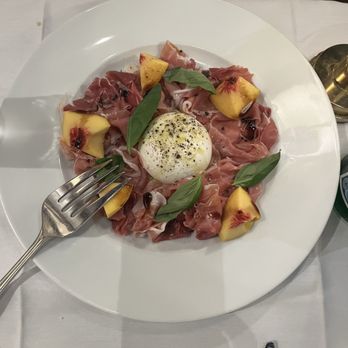 Melfi's - Burrata with Grilled Peaches and Prosciutto - Pizza Near Me - Charleston, South Carolina Melfi's - Burrata with Grilled Peaches and Prosciutto - Pizza Near Me - Charleston, South Carolina