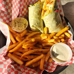 Kick Off Pizza & Sports Bar - Buffalo Chicken Wrap (with fried chicken), cole slaw, fries and ranch - DELICIOUS!