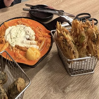 Halgatteok Northridge - Rose tteokbokki with ramen and cheese, vegetable tempura and gimmari fried seaweed roll. - Korean Near Me - Northridge, California