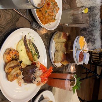 Wren & Wolf - Filet W/Crabmeat on top, shrimp and Mac and cheese.. Babes Lobster Pasta, bacon bread and another drink.. - Cocktail Bars Near Me - Phoenix, Arizona