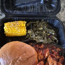 So So Edible - Pulled chicken with corn on the COB and collard greens.