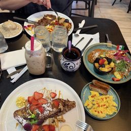 Brioche French toast, cafe de olla, steak and eggs, and chilaquiles omelette.