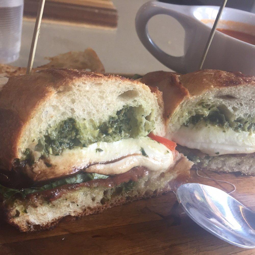 Lola's Cafe - Caprese sand which with tomato basil soup, also came with a side of pickles! - Coffee & Tea Near Me - Ladera Ranch, California Lola's Cafe - Caprese sand which with tomato basil soup, also came with a side of pickles! - Coffee & Tea Near Me - Ladera Ranch, California